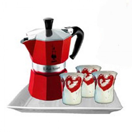 Набор из гейзерной кофеварки Bialetti MOKA красного цвета на 3 порции, 3 чашки и поднос, Арт. 4970/MR